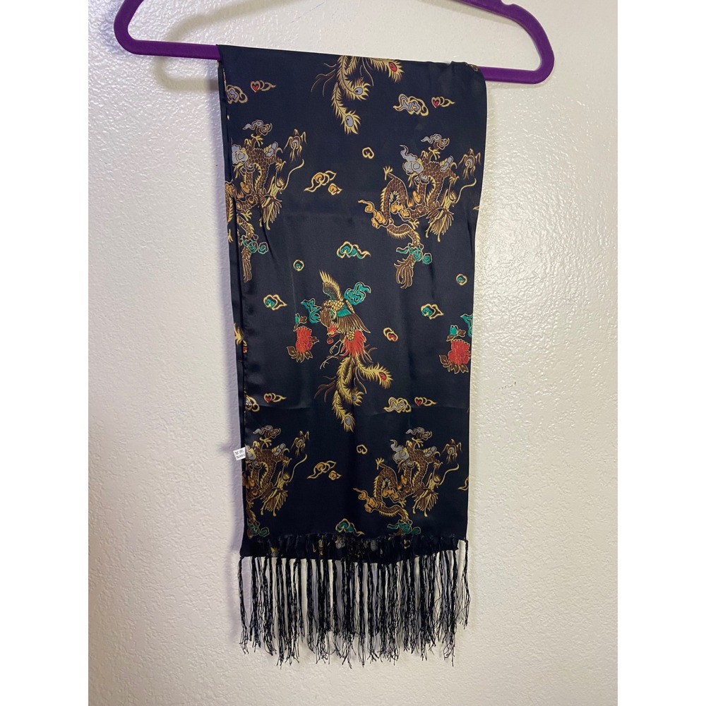 Vintage 100% Silk Black Dragon Phoenix Fringe Scarf 54 Inch Traditional Chinese